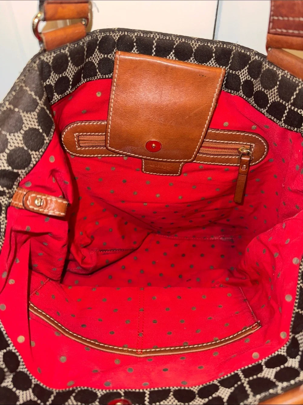 kate spade Brown Canvas Tote with Red & Black‎ Center Stripe